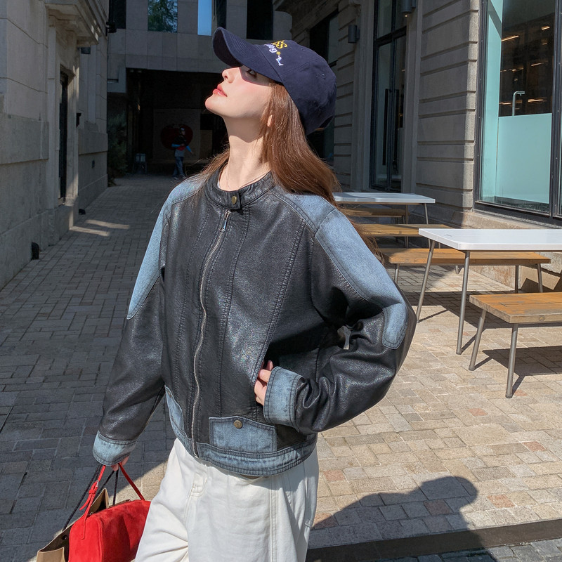 美式复古牛仔拼接皮衣短外套女