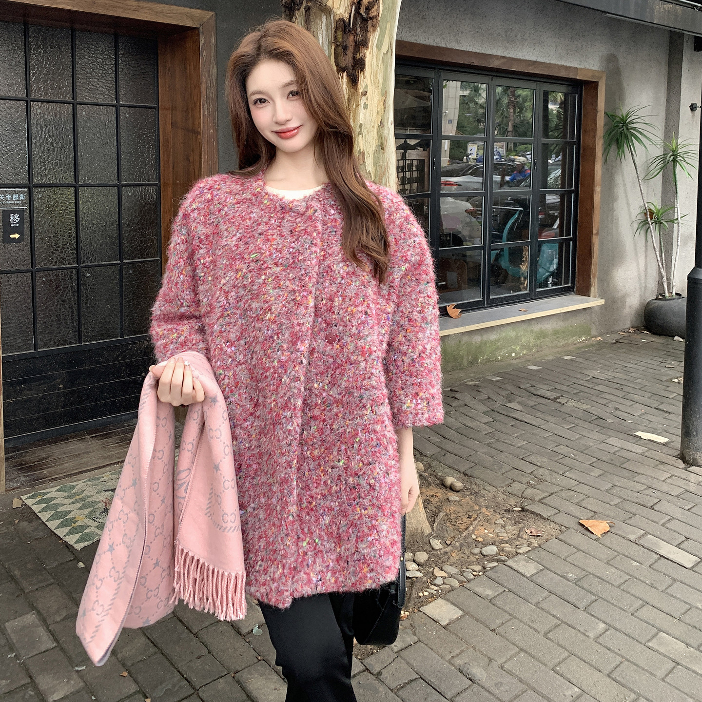 韩版小香风粗花呢短羽绒服