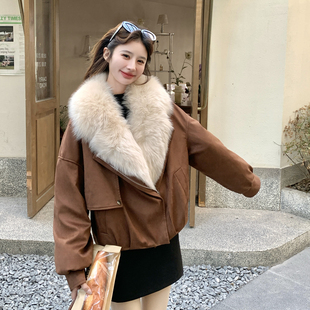 复古小香风大毛领羽绒服女2025冬短款咖色轻奢感派克服宽松厚外套