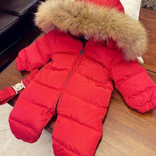 2025新款女宝宝婴幼儿连体羽绒服男童爬爬服长袖白鸭绒加厚连身衣