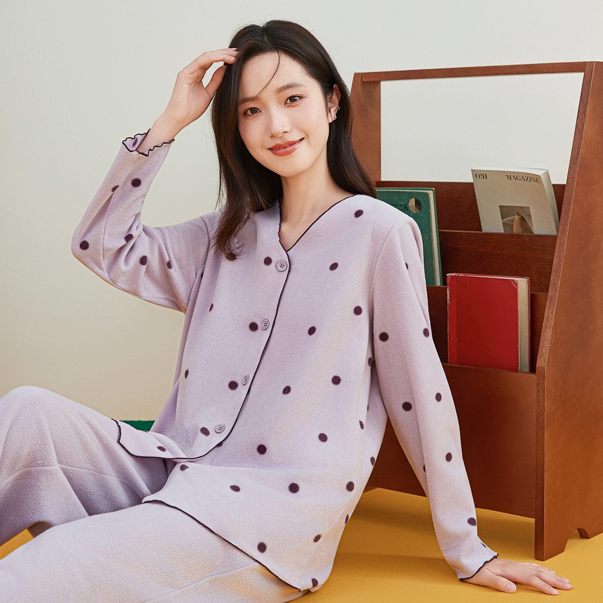 顶瓜瓜秋冬摇粒绒V领女士睡衣套