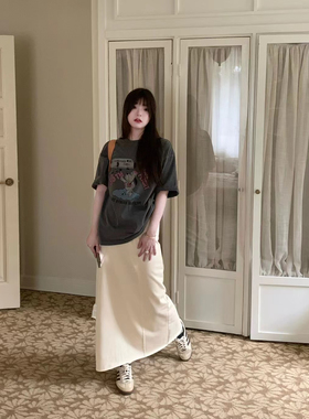 现货全松紧腰handwash时尚现正品奶米色松紧腰设计师半裙长款