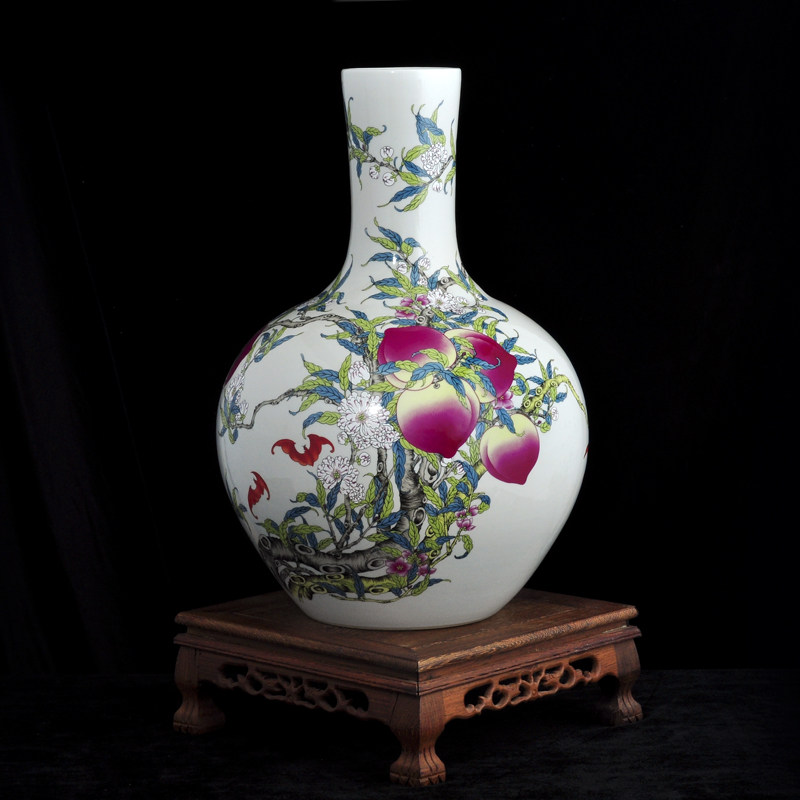 景德镇陶瓷器花瓶 仿古天球寿桃家居装饰酒店茶楼用瓷工艺品摆件