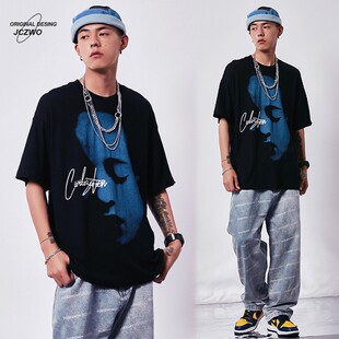 高街痞帅宽松上衣高级感小众半袖 t恤男夏季 潮牌纯棉印花短袖 美式