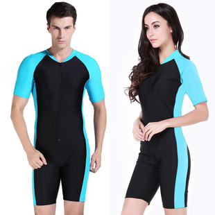 温泉泳装 2025新款 泳衣女男专业运动连体平角保守显瘦遮肚潜水短袖