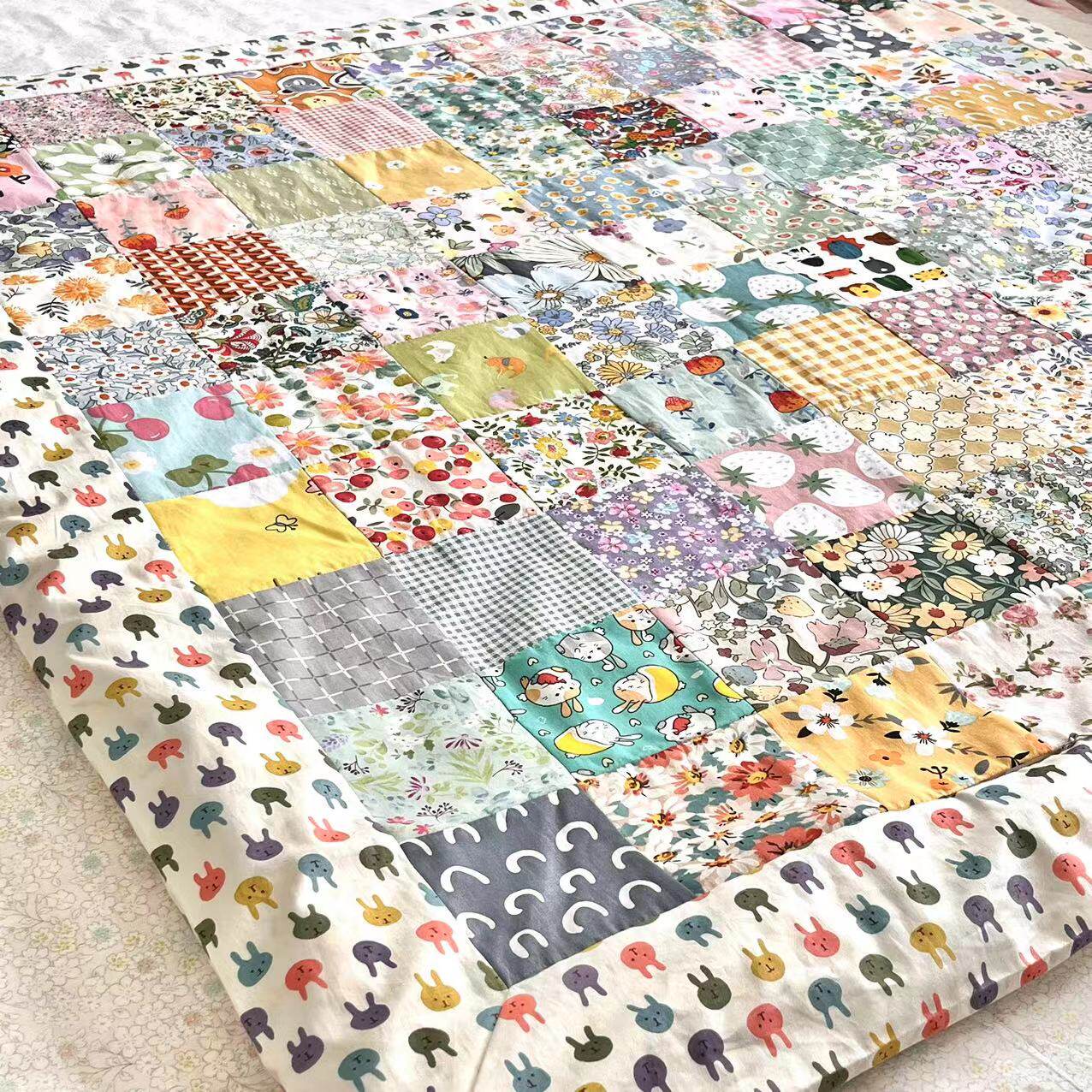 传统百家被手工拼布碎花纯棉全棉花被罩可拆洗包边婴幼儿宝宝兔子