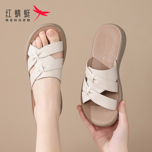 红蜻蜓真皮厚底蝴蝶结软底拖鞋女