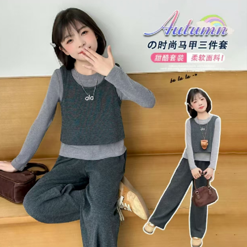 女童春秋季马甲三件套韩版宽松女宝宝2025新款休闲套装时髦网红潮