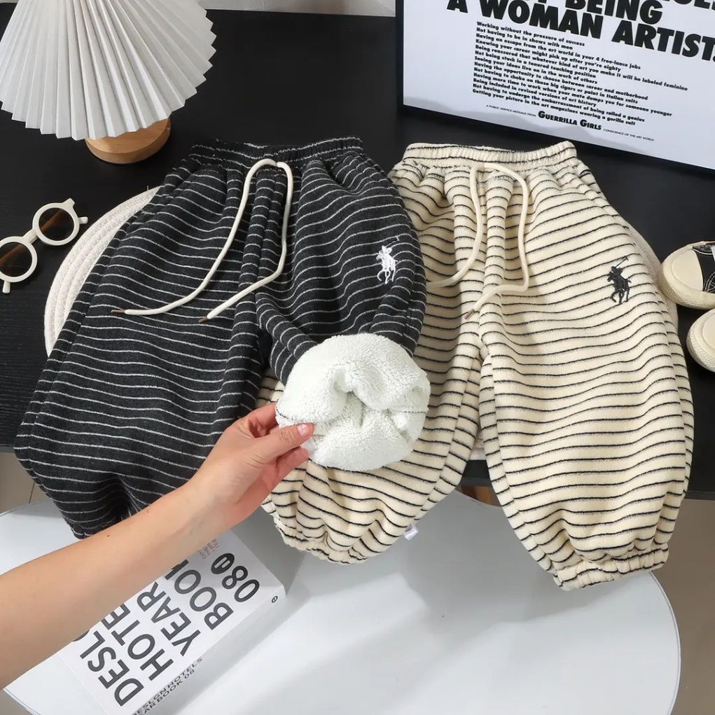 韩版秋冬加绒加厚男童女童中大童毛巾布加绒小马刺绣条纹裤