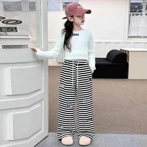 女童春秋单款休闲裤2026新款大童洋气时尚条纹卡通小狗刺绣阔腿裤
