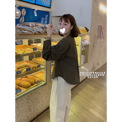 西兰花花 纯棉咖啡色高级慵懒感衬衫秋冬女日系文艺衬衣内搭叠穿