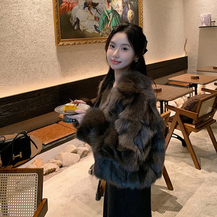 狐狸腿毛皮草自然纹理2024冬季新款美拉德金棕色短款外套女年轻