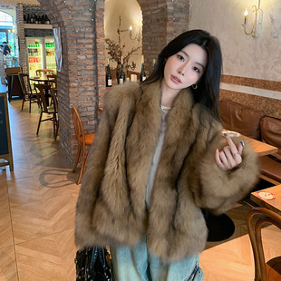 进口蓝狐坎毛晕染霜色V领狐狸毛皮草外套女
