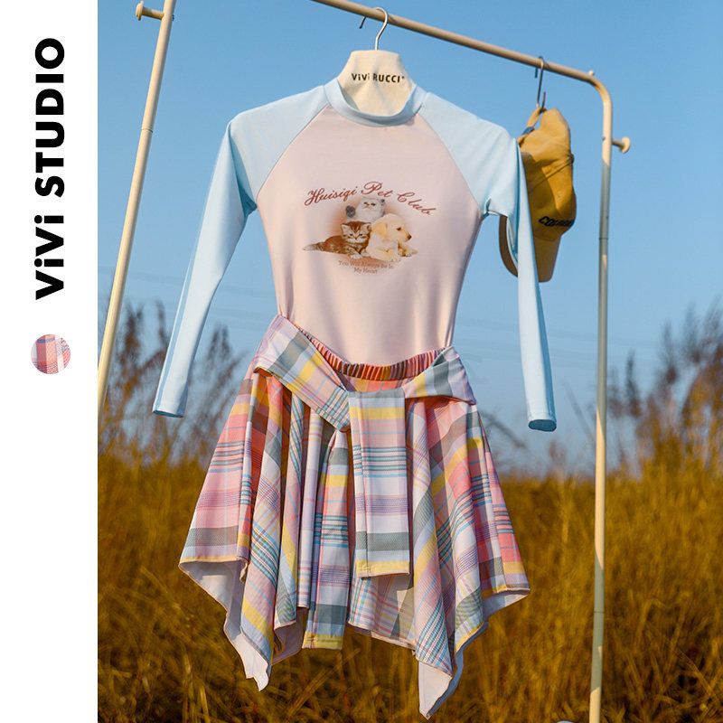 Vivi长袖防晒连体两件套裙裤甜美系少女运动风保守遮肚泡温泉泳衣