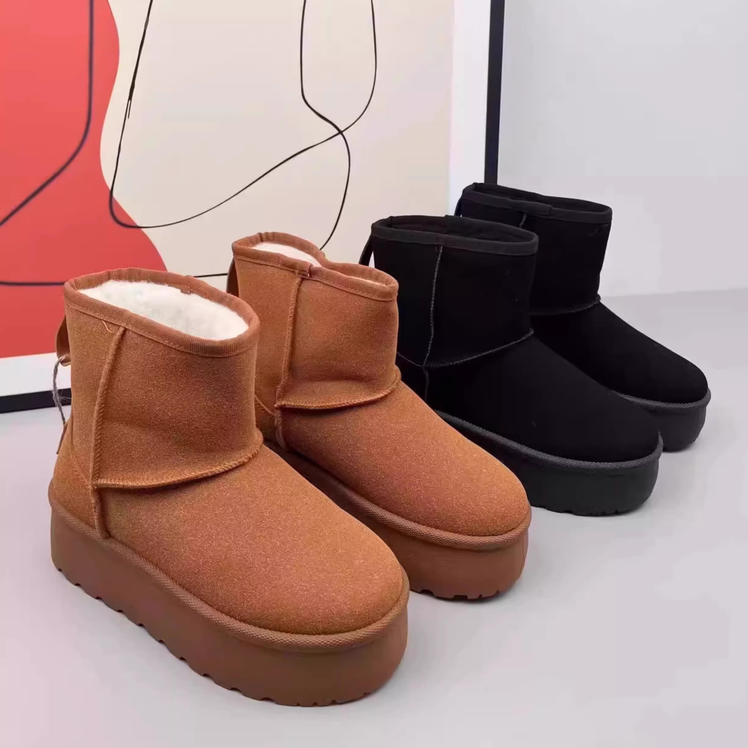 出俄罗斯单~冬季羊毛保暖纯色短筒雪地靴棉靴松糕厚底防滑面包鞋