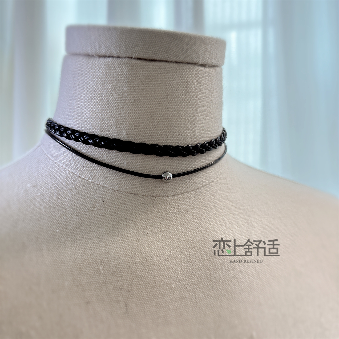 黑色编织双层转珠choker锁骨链