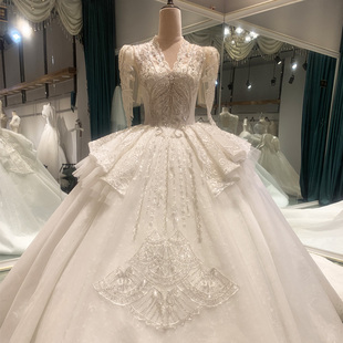 婚纱礼服租赁宫廷风重工婚纱新娘主纱深V领长袖 大拖尾华丽风长裙