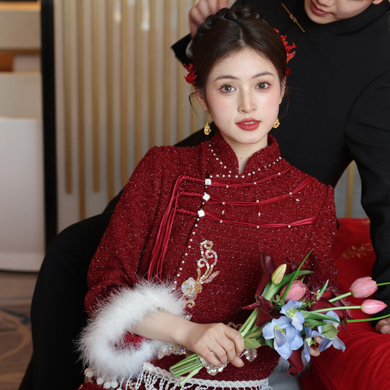 新中式结婚新娘敬酒服新款冬季厚订婚礼服套装回门小香风旗袍端庄