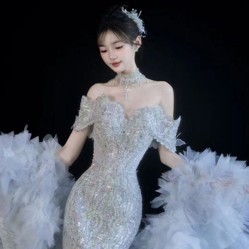 婚纱礼服租赁一字肩重工鱼尾礼服