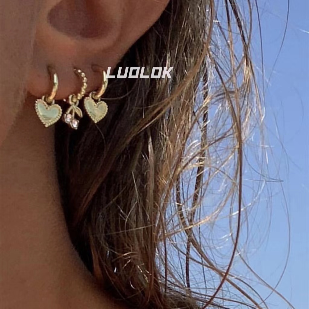 LUOLOK欧美ins风叠戴小巧爱心樱桃组合金色耳环耳钉耳饰女925银针
