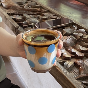 ins风简约小众蓝色波点玻璃杯 ins高级感白色波点杯牛奶杯咖啡杯