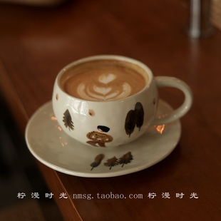 日系复古森系手绘釉下彩陶瓷咖啡杯碟拿铁拉花杯马克杯下午茶