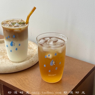 可爱蓝色水滴夏日玻璃杯高硼硅耐热咖啡杯果汁杯冰美式拿铁杯冷萃
