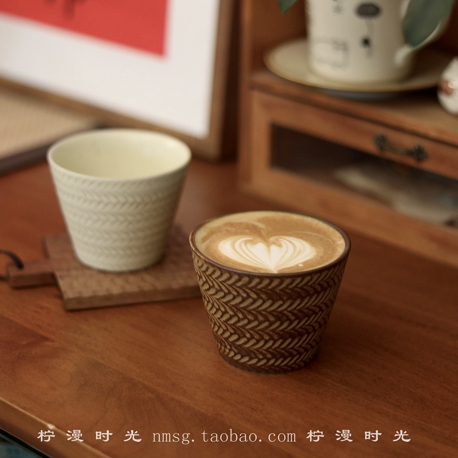 复古窑变釉浮雕麦穗纹陶瓷猪口杯咖啡杯拉花杯茶杯大口径杯,餐饮具,咖啡杯,淘宝优惠券,粉丝福利购,淘宝优惠卷