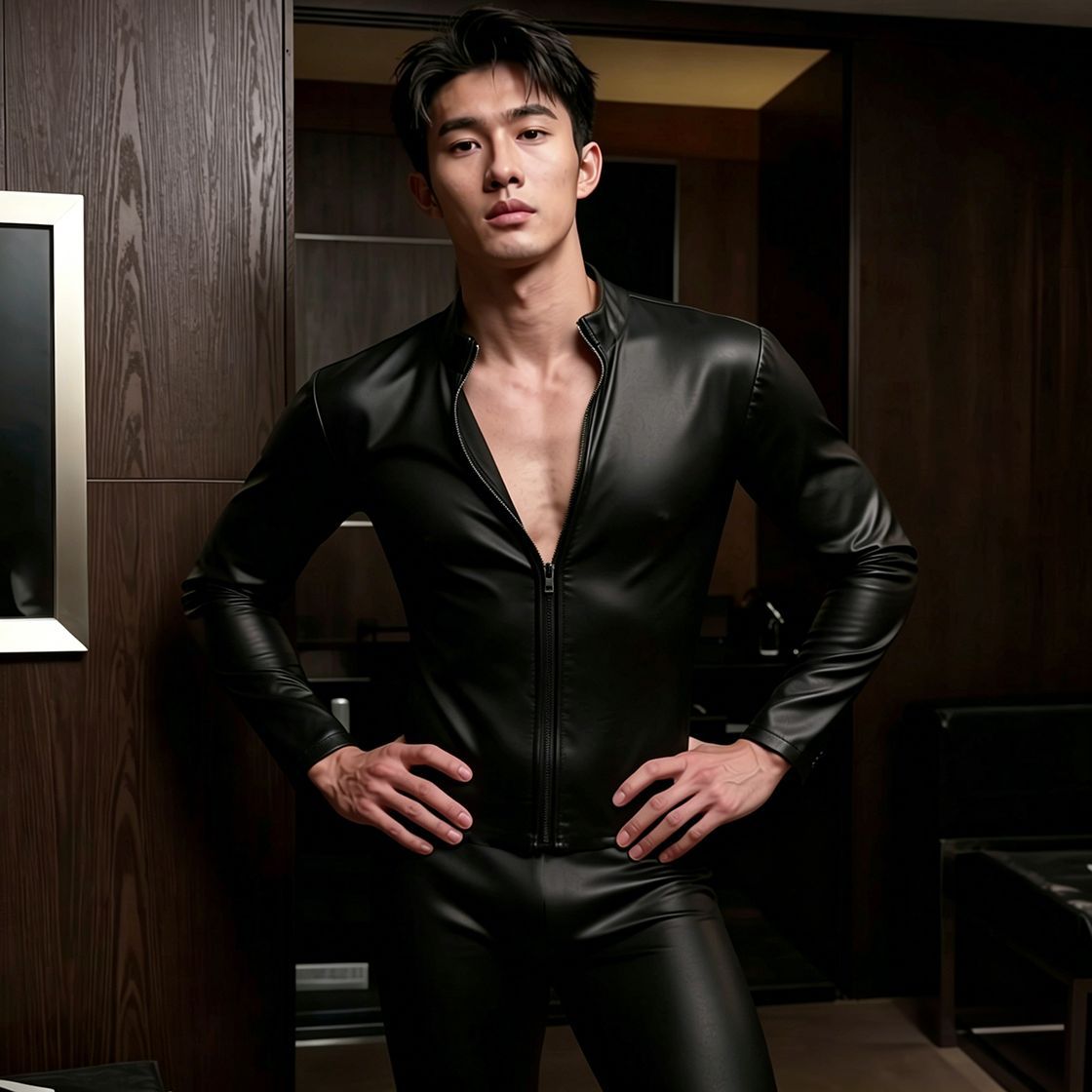 漆皮连体束身开裆PU皮衣套装同志夜店演出制服长袖连体男内衣火辣