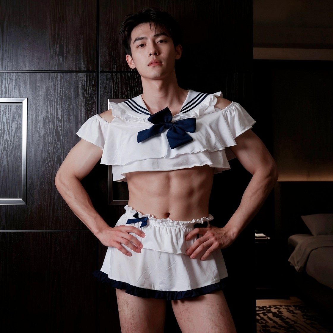 海军水手服cos套装男士大码白色露肩蝴蝶结短裙清新演出变装服饰