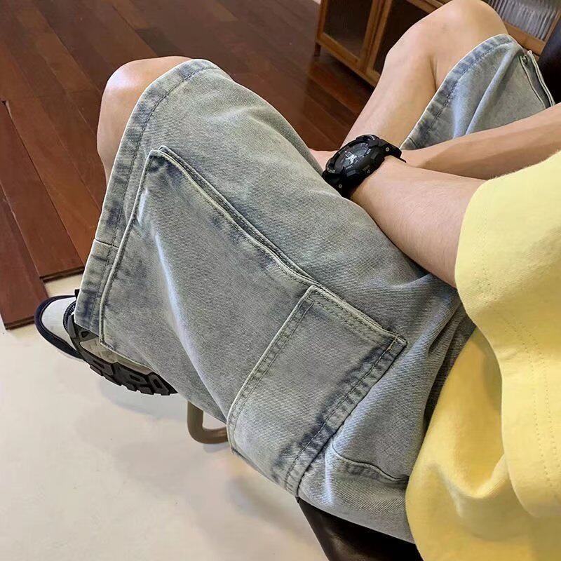 蓝色牛仔短裤男夏季薄款 港风潮牌宽松大口袋水洗工装五分休闲裤