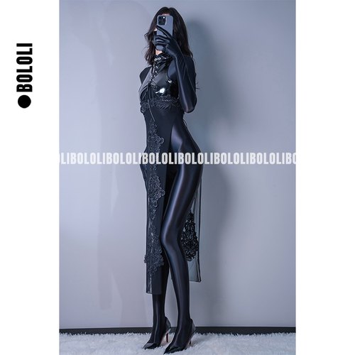 BOLOLI 国风中华御姐高开叉旗袍漆皮油亮打底衣套装cosplay摄影会