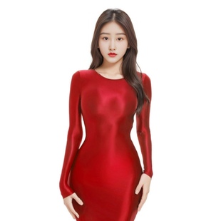 女生长款美体塑身衣油亮丝袜吊带包臀ol裙连身裙子丝滑连体紧身裙