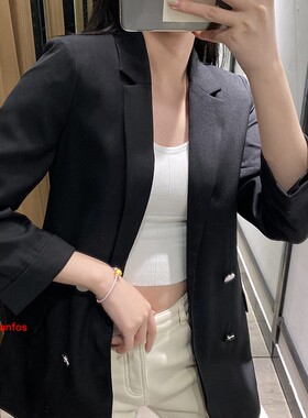 H 011301C 好 黑色垫肩气质通勤双排扣西装外套西班牙风格实体店