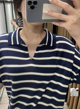 062203D 原C 藏青/白色条纹拼接翻V领宽松短袖针织连衣裙识体店