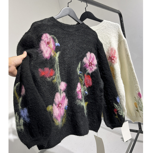 100904F识体店原C木巨1990黑色花朵提花圆领羊毛长袖针织衫毛衣女