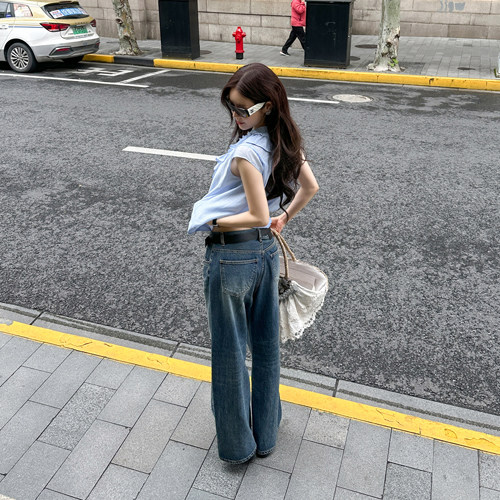 Partysu 韩国进口 官网直邮 夏季  Moss 廓形简洁前排纽扣牛仔裤