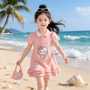 女童连衣裙夏季洋气儿童卡通可爱polo裙子中大童女孩T恤裙沙滩裙