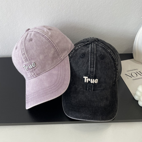 True字母刺绣水洗棒球帽子女春季复古时尚休闲软顶百搭鸭舌帽男