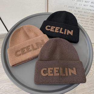 冬天皮质字母针织帽男女款时尚重工百搭休闲出街保暖毛线帽潮流感