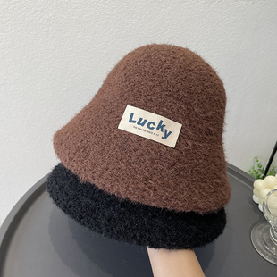 Lucky秋冬天毛绒渔夫帽子女时尚 字母贴百搭休闲出街加厚保暖盆帽