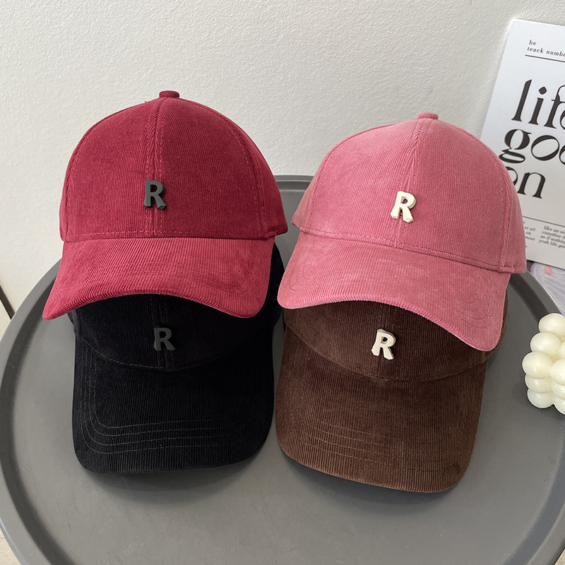 立体R字母硬顶棒球帽子女冬时尚灯芯绒休闲百搭潮流品质鸭舌帽男