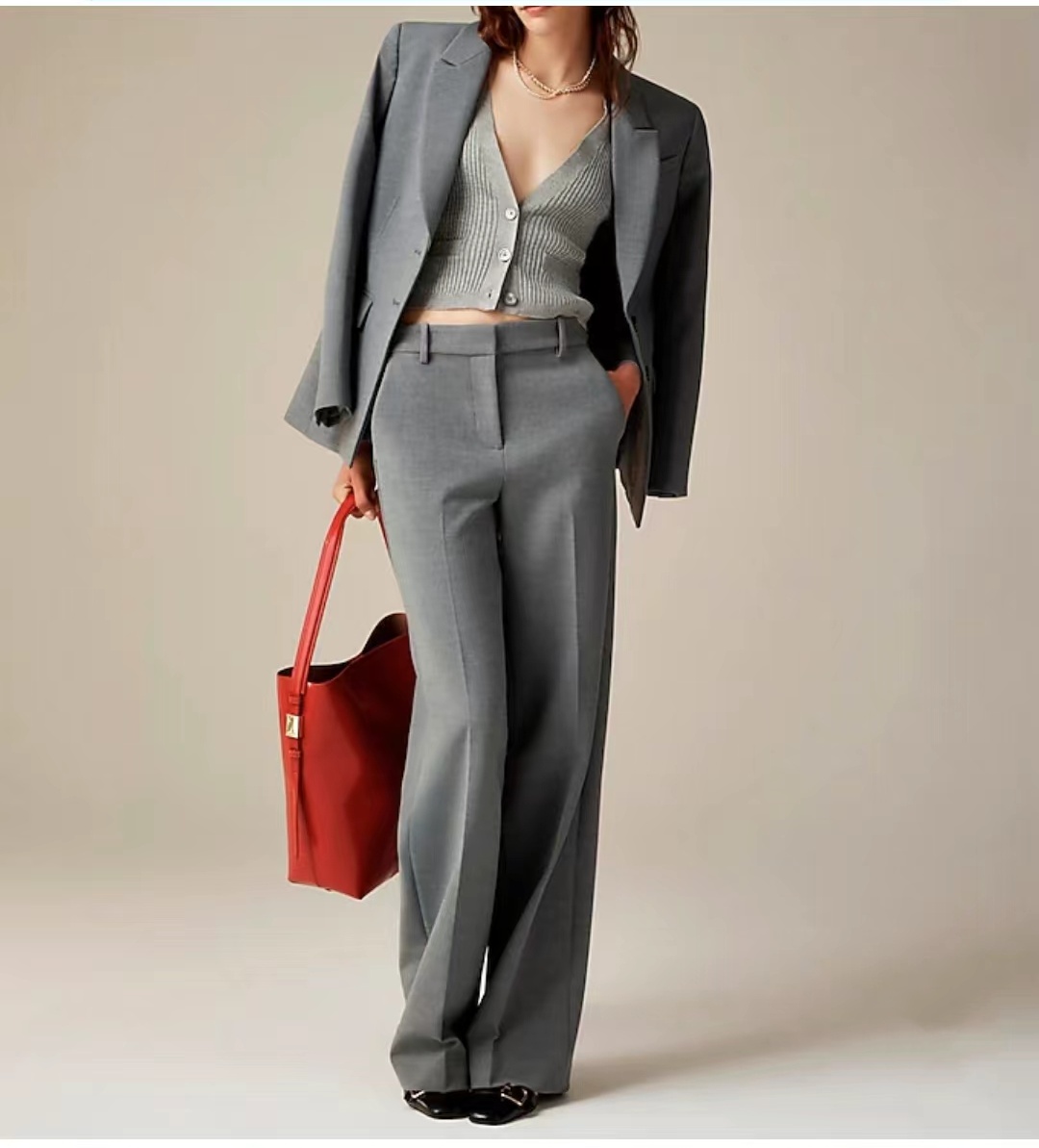 女款高腰闊腿灰色瘦腿西褲