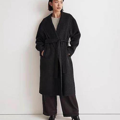 原单美系MDWLL女简约羊绒大衣秋冬经典通勤休闲翻领长款腰带外套