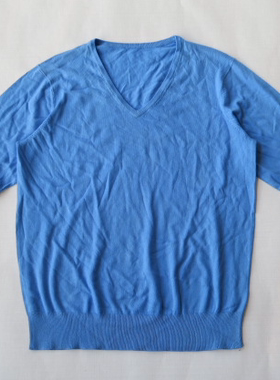孤品外贸男款蓝色纯棉百搭V 领长袖针织衫毛衣、175L码