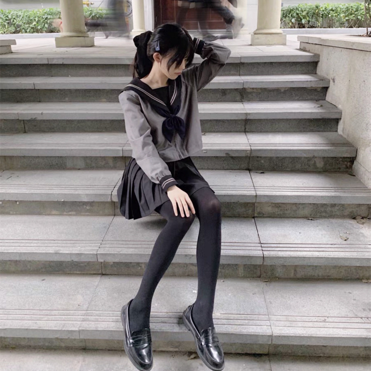 ORTHODOX BLACK COLLAR GRAY BODY TWO MAIN LINE JAPAN JK UNIFORM LONG SLEEVES MID WEAR KANSAI PLACKET SAILOR SUIT PLEATED SKIRT SET