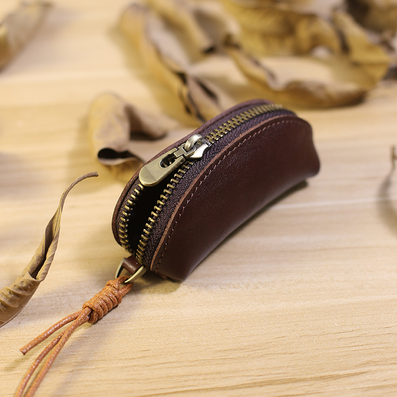 迷你精致植鞣牛皮挂脖口红收纳包 迷你小巧精致复古牛皮小收纳包