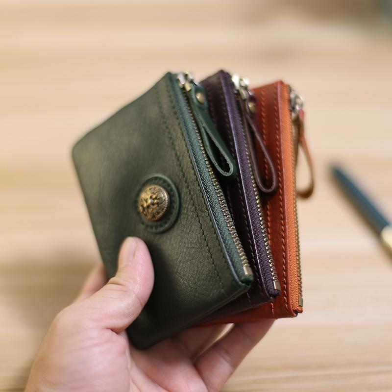 新品真皮复古钱包女手拿拉链短款