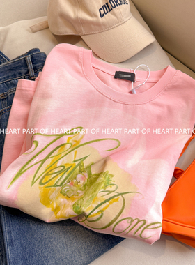 W家新款粉染水彩小熊白墨印花短袖T恤男女宽松涂鸦圆领半袖上衣潮