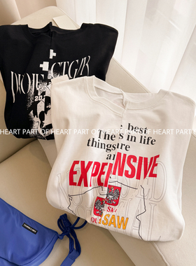 高克重潮牌不规则上下拼接裁剪短袖T恤复古错位印花男女半袖上衣